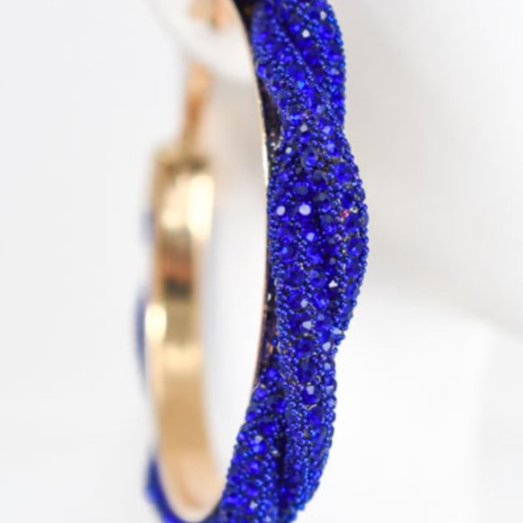 3" Braid Twist Royal Blue Rhinestone Hoop Earrings - Picture 9 of 12